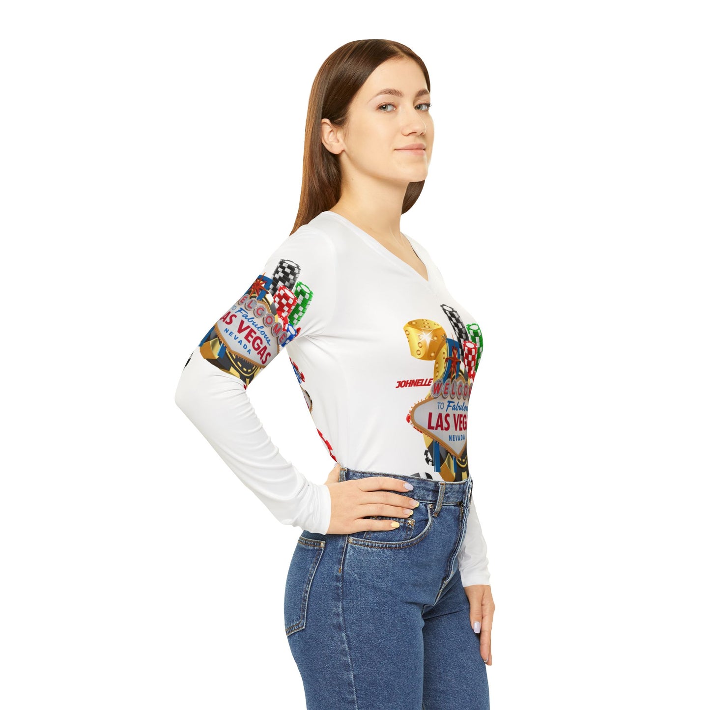 Women’s Long Sleeve V-Neck Casino Shirt - Welcome to Fabulous Las Vegas Design