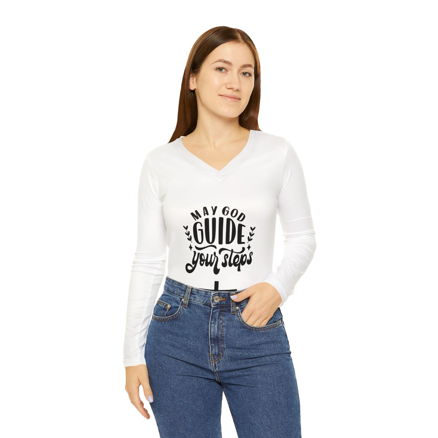 Women&#039;s Long Sleeve V-Neck Shirt - 'May God Guide Your Steps' Inspirational Tee