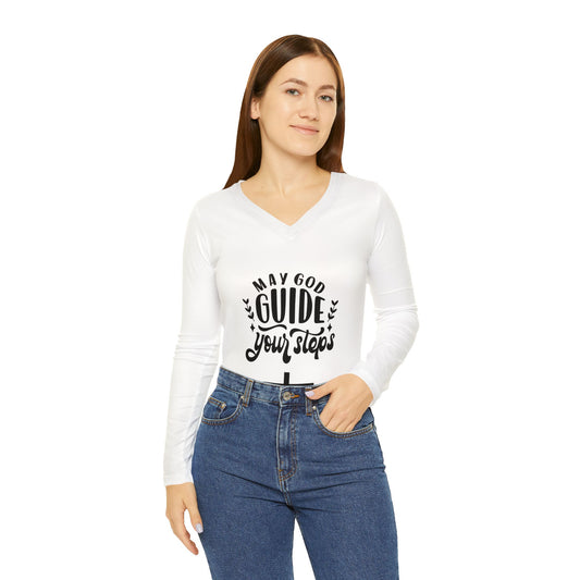 Women&#039;s Long Sleeve V-Neck Shirt - 'May God Guide Your Steps' Inspirational Tee