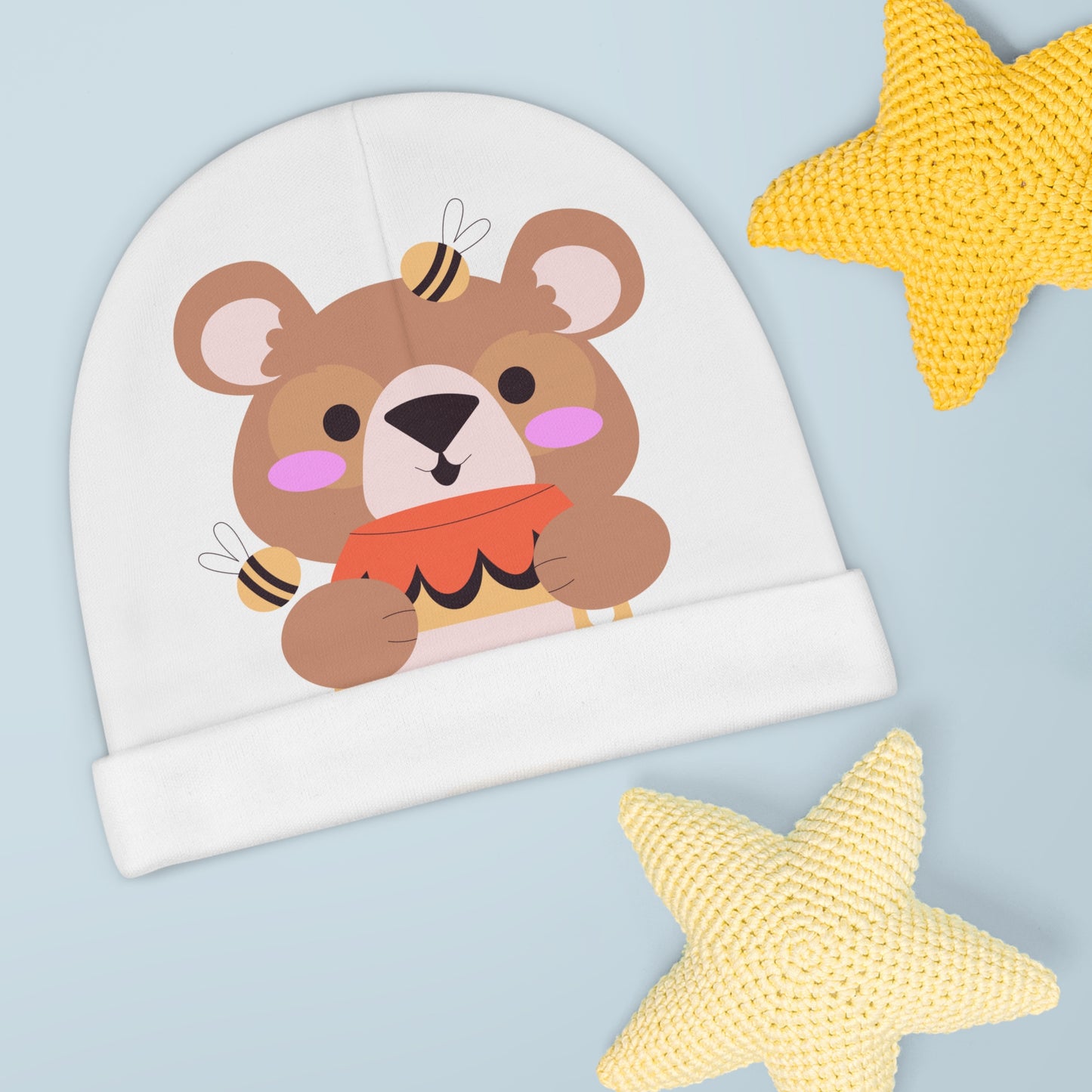 Cute Animal Baby Beanie with Bear and Bees Design