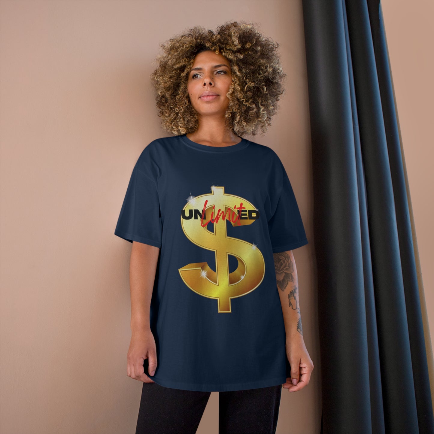 Unlimited Wealth Champion T-Shirt - Gold Dollar Sign Graphic