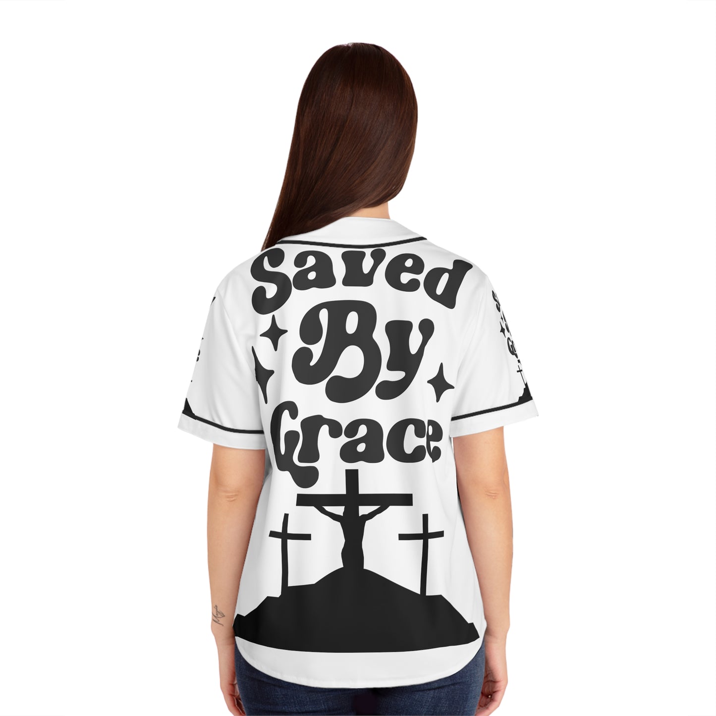 Saved By Grace Women's Baseball Jersey (AOP)