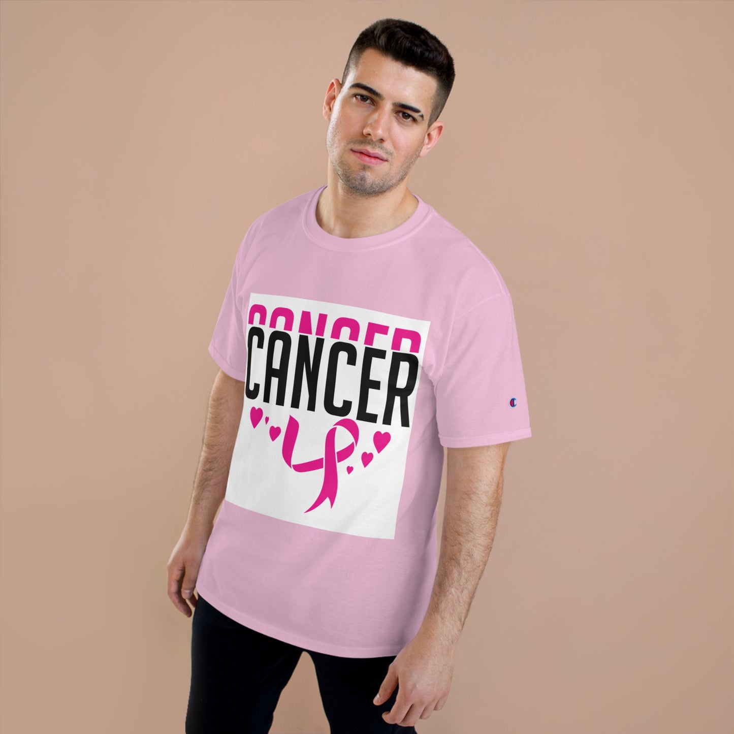 Champion T-Shirt - Cancer Awareness Support Tee with Pink Ribbon & Heart Design