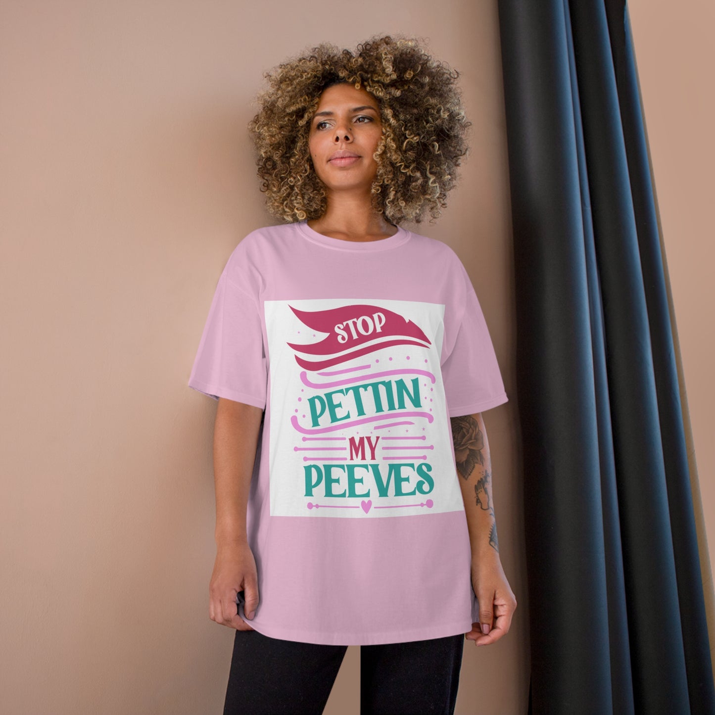 Funny Quote Champion T-Shirt: "Stop Pettin’ My Peeves" for Casual Vibes