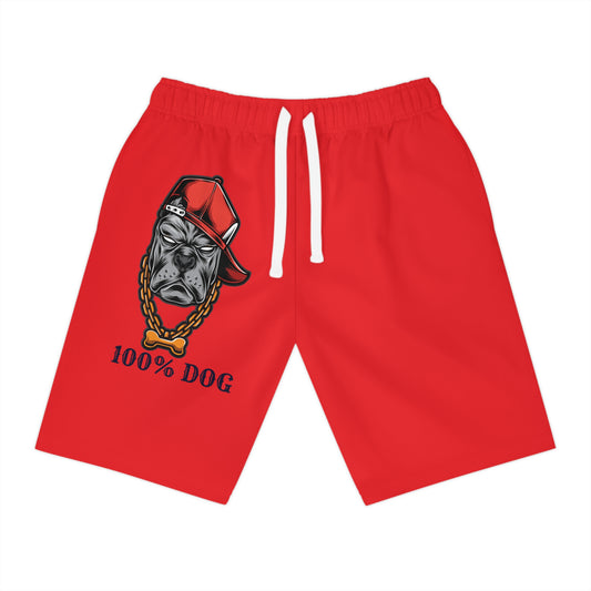 Red Athletic Long Shorts with '100% Dog' Design