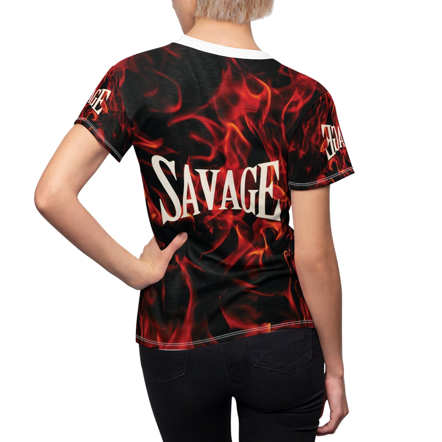 Savage Flame Women&#039;s Cut &amp; Sew Tee - Bold Flame Graphic Shirt for Fierce Fashion