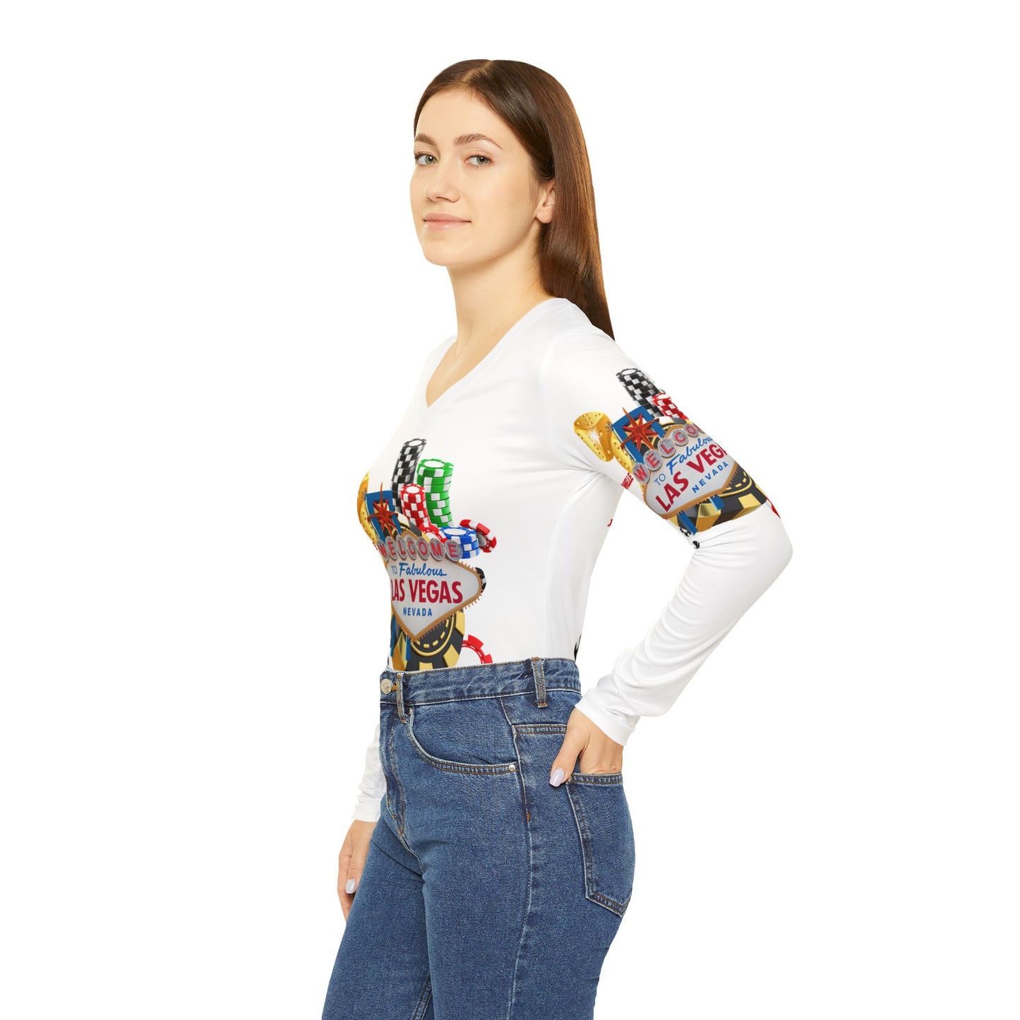 Women’s Long Sleeve V-Neck Casino Shirt - Welcome to Fabulous Las Vegas Design