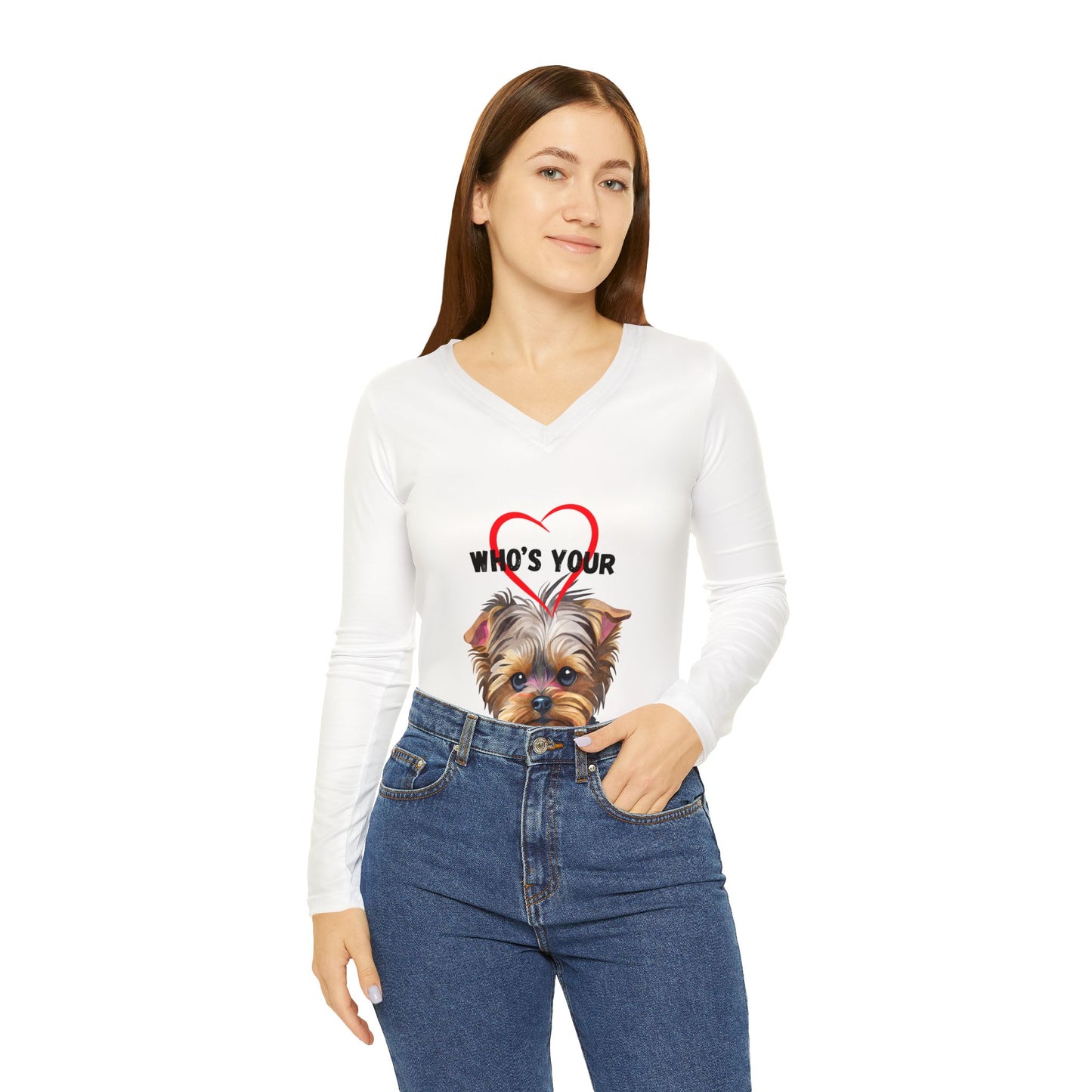 Valentine's Day Women's Long Sleeve V-Neck Shirt - Cute Yorkie Design