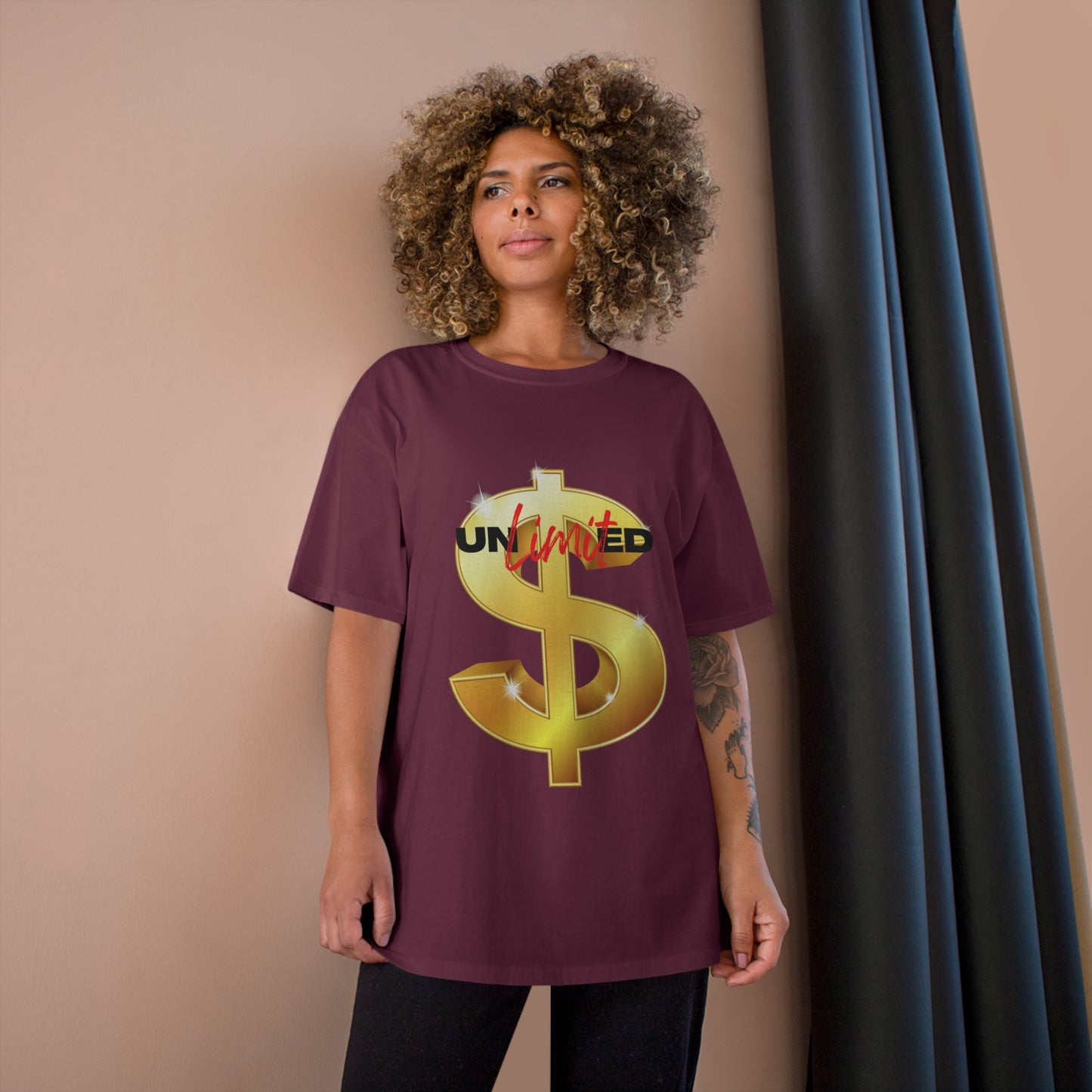 Unlimited Wealth Champion T-Shirt - Gold Dollar Sign Graphic