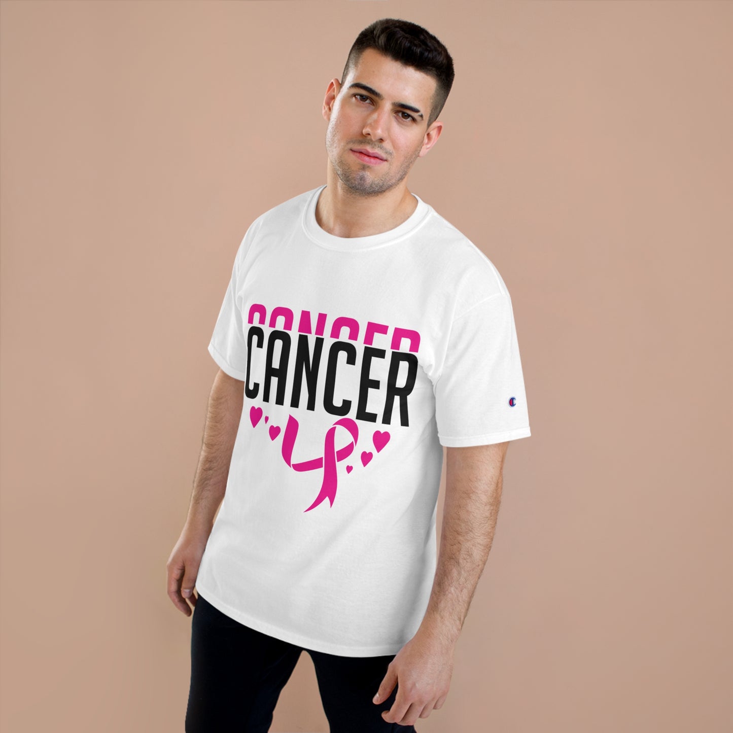 Champion T-Shirt - Cancer Awareness Support Tee with Pink Ribbon & Heart Design