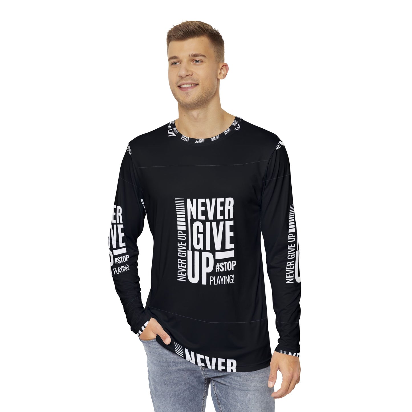 Men's Motivational Long Sleeve Shirt - 'Never Give Up' Fitness Apparel