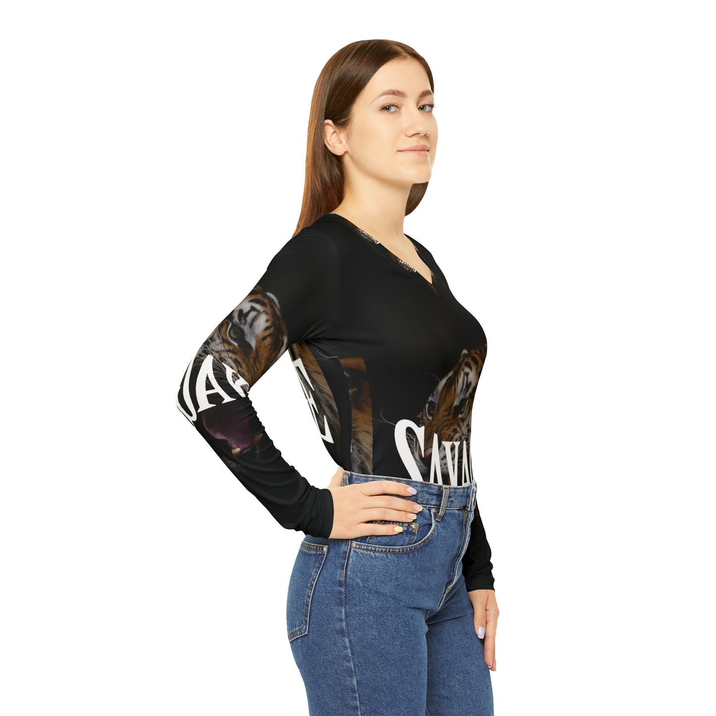 Savage Tiger Women's Long Sleeve V-Neck Shirt - Bold Fashion Statement for Fierce Styles