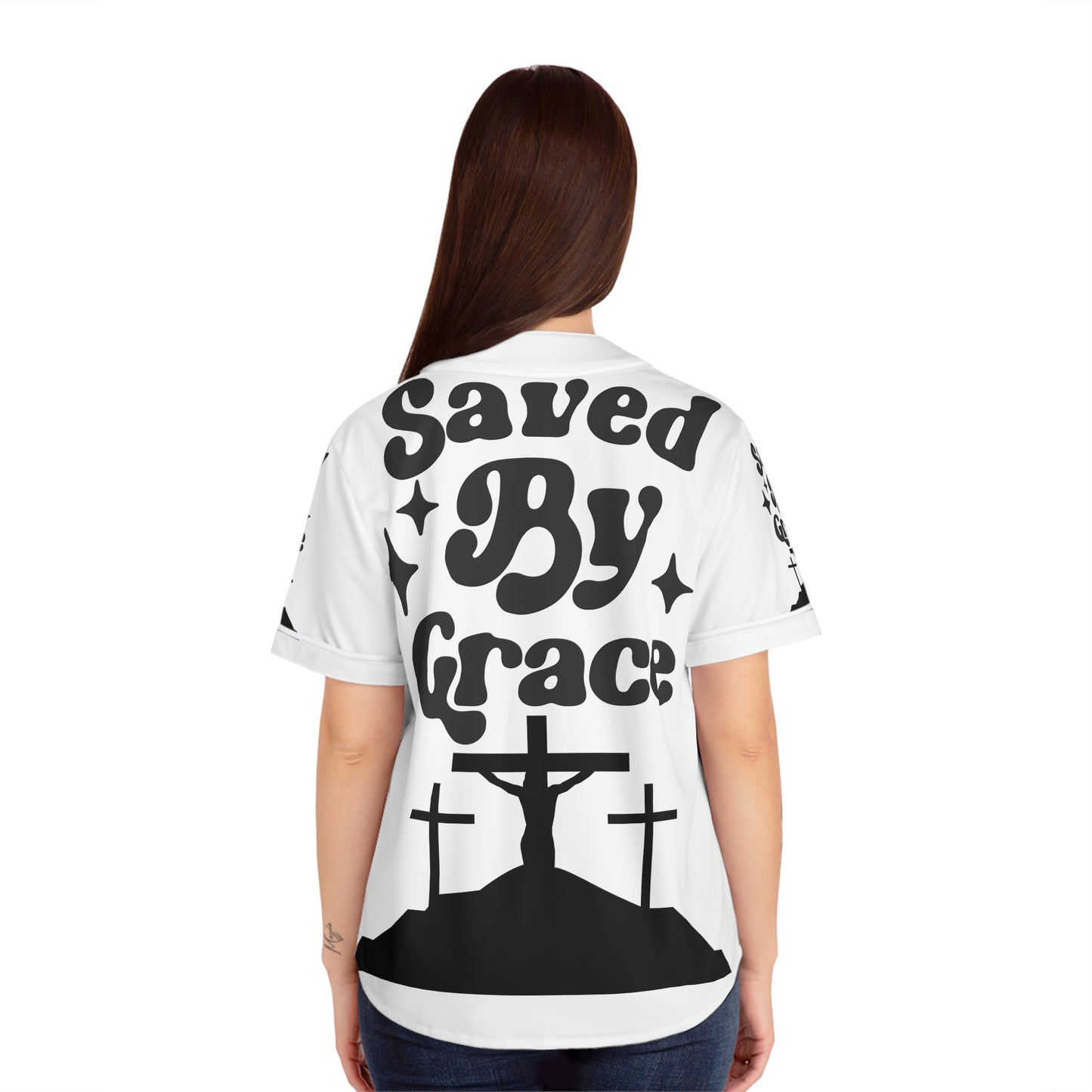 Saved By Grace Women's Baseball Jersey (AOP)