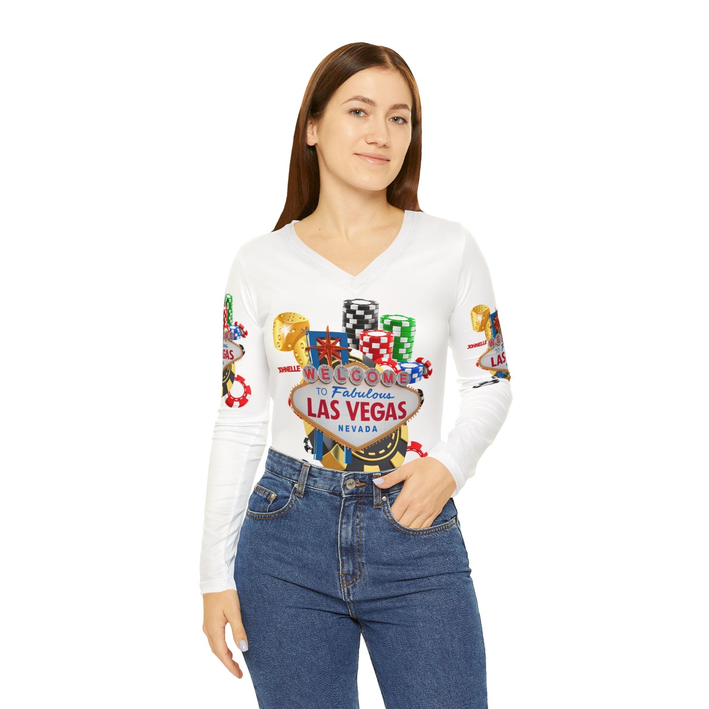 Women’s Long Sleeve V-Neck Casino Shirt - Welcome to Fabulous Las Vegas Design