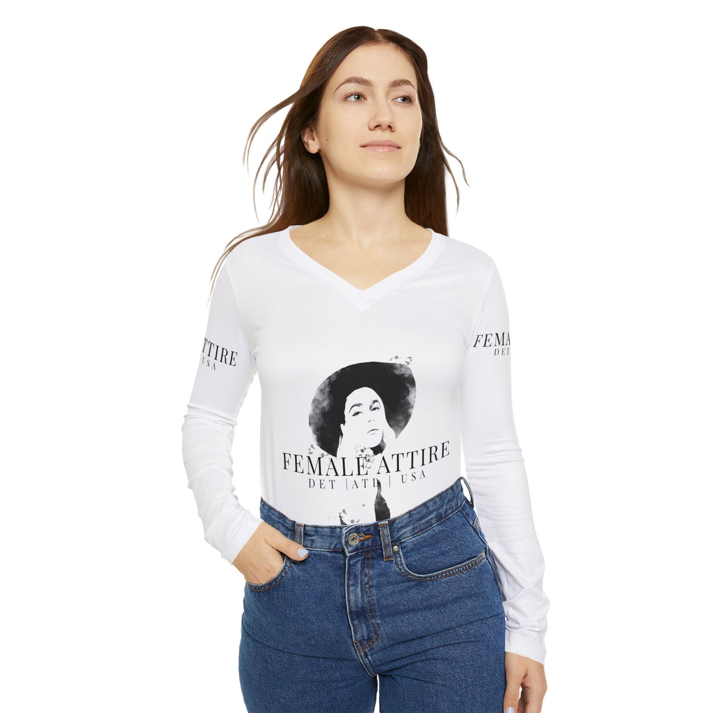 Chic Women's Long Sleeve V-Neck Shirt - Feminine Attire with Stylish Graphic