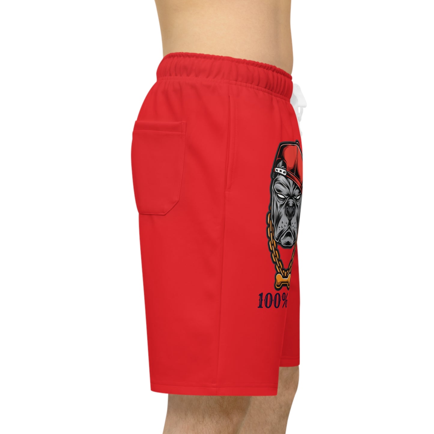 Red Athletic Long Shorts with '100% Dog' Design