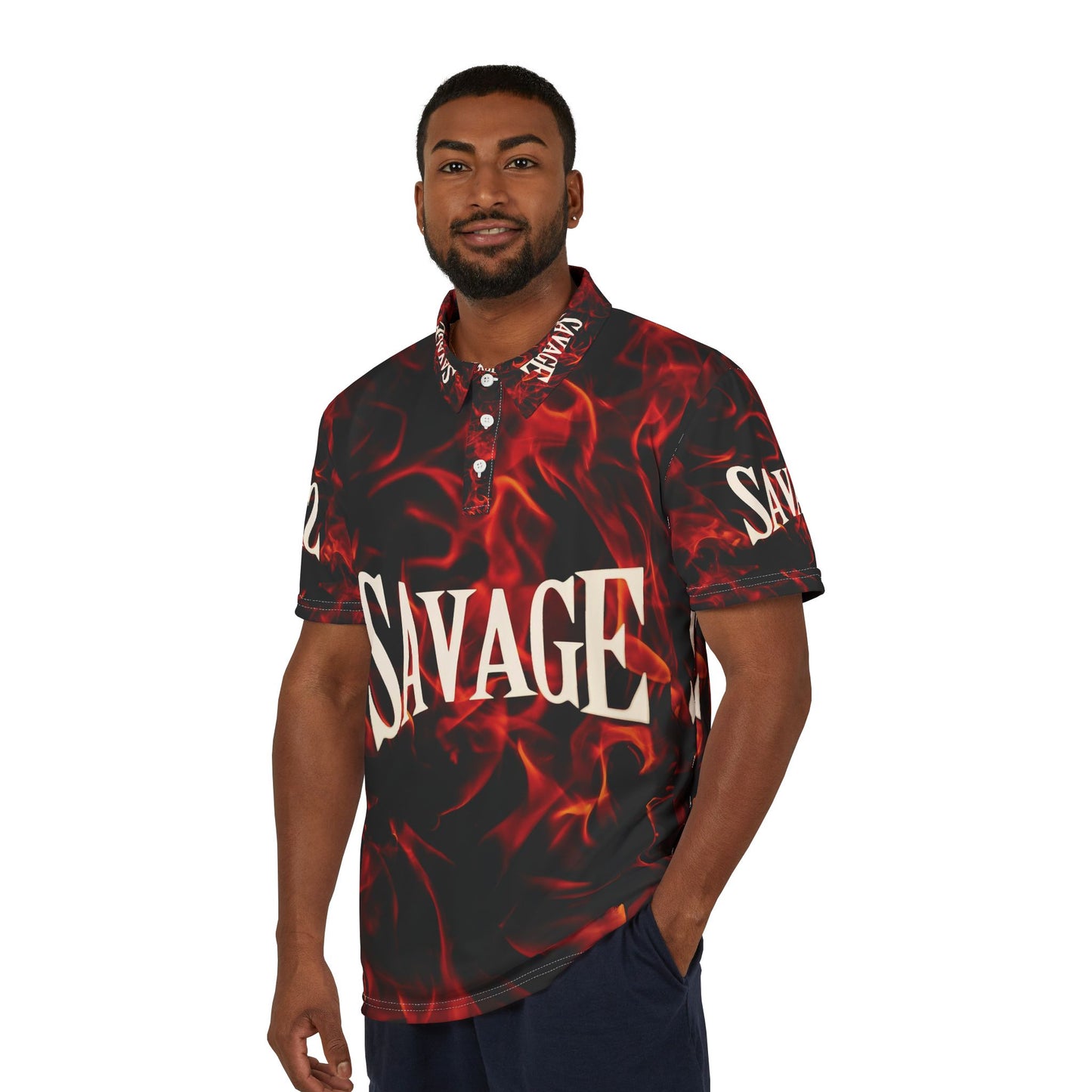 Savage Flames Unisex Polo Shirt | Bold Graphic Tee for Casual Outings