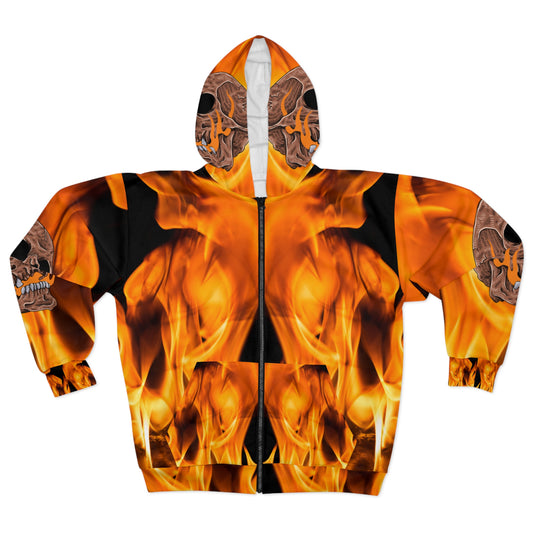 Unisex Zip Hoodie - Fiery Skull Design for Bold Style