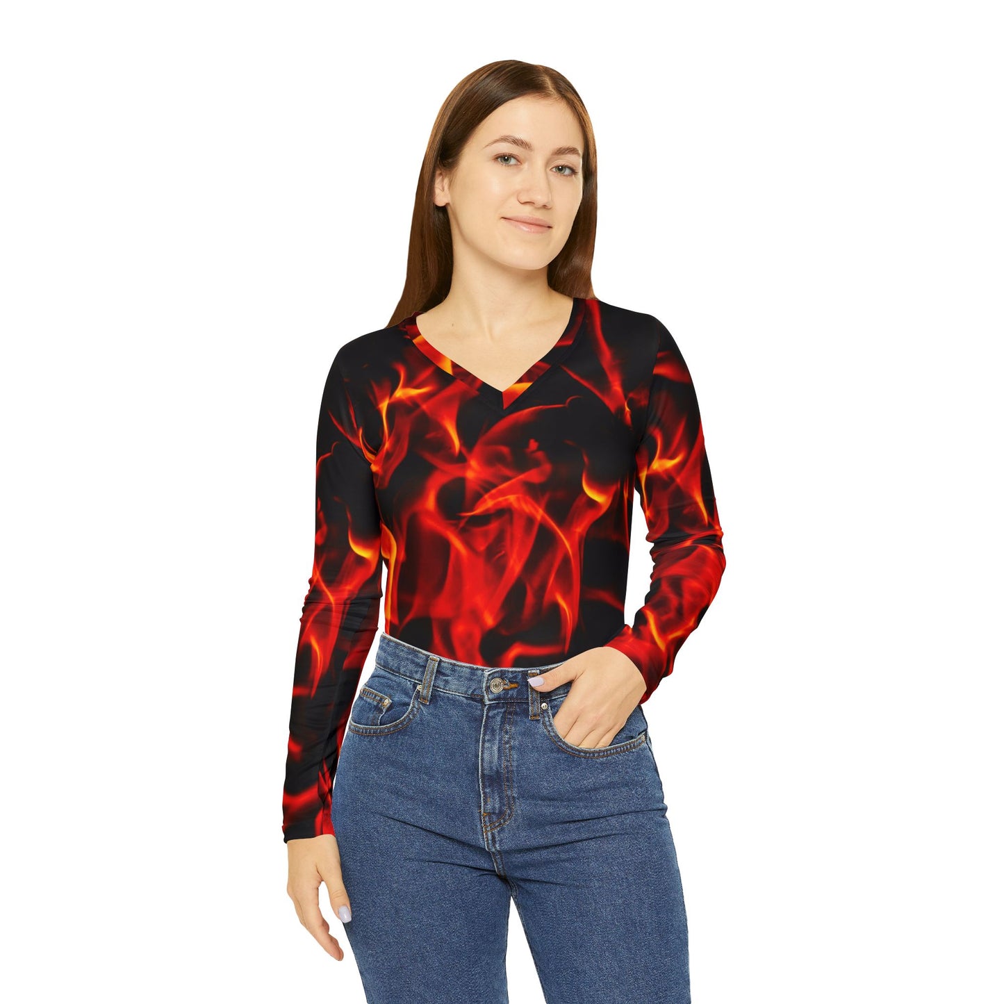 Fiery Women&#039;s Long Sleeve V-Neck Shirt - Bold and Stylish Top for Casual Wear