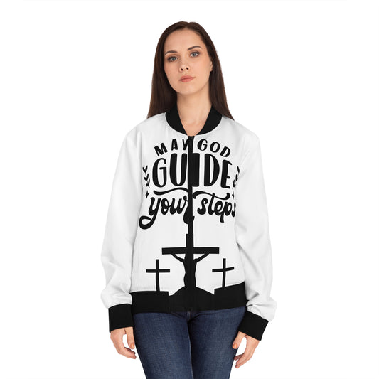 Women's Bomber Jacket - "May God Guide Your Steps" - Faith-Inspired Outerwear