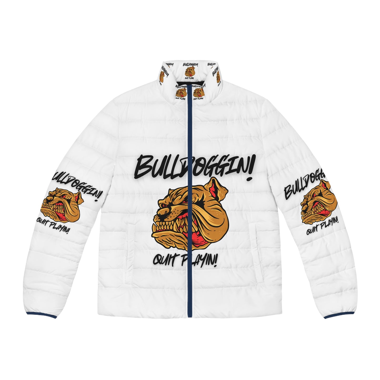 Men's Puffer Jacket - Bulldoggin' Graphic, Keep Warm & Stylish