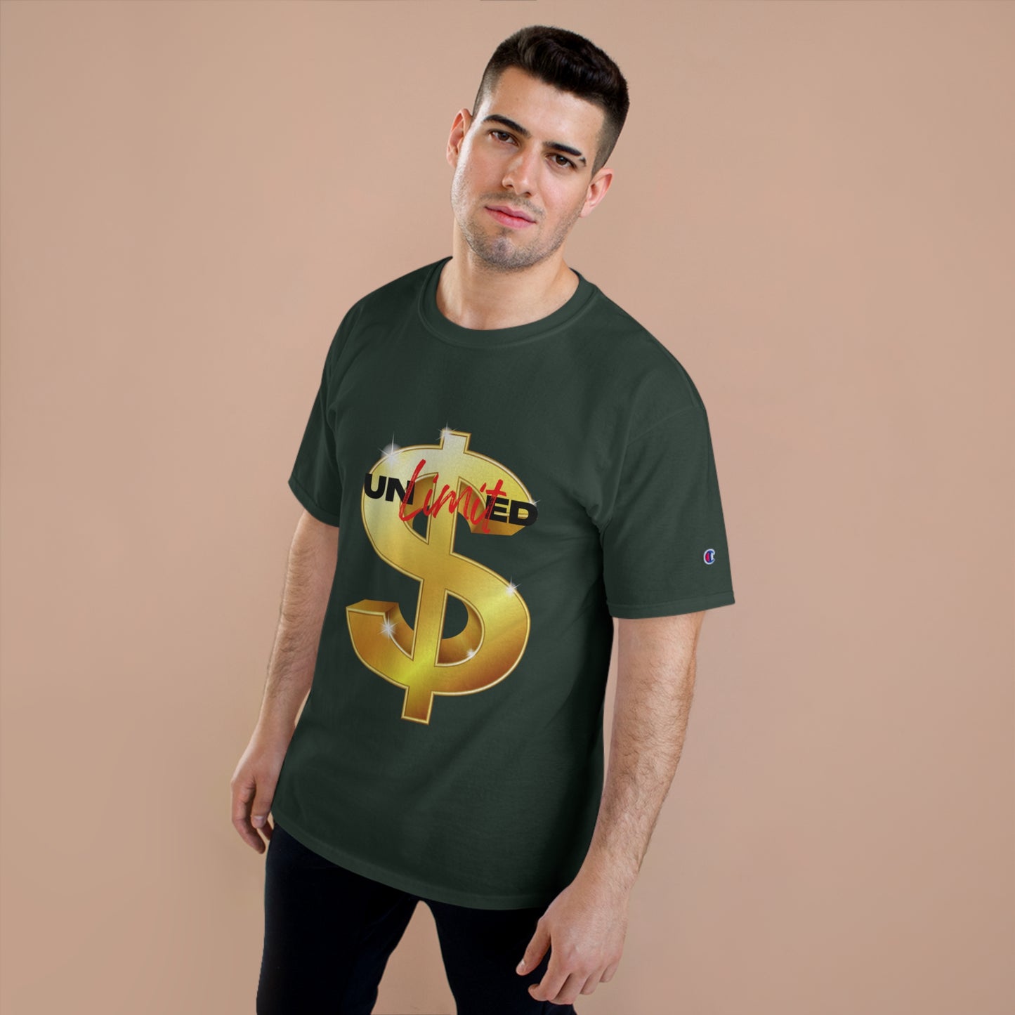 Unlimited Wealth Champion T-Shirt - Gold Dollar Sign Graphic