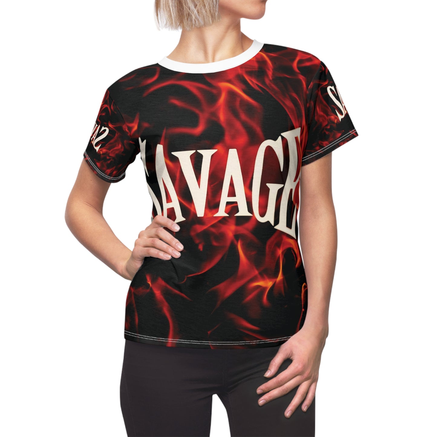 Savage Flame Women&#039;s Cut &amp; Sew Tee - Bold Flame Graphic Shirt for Fierce Fashion