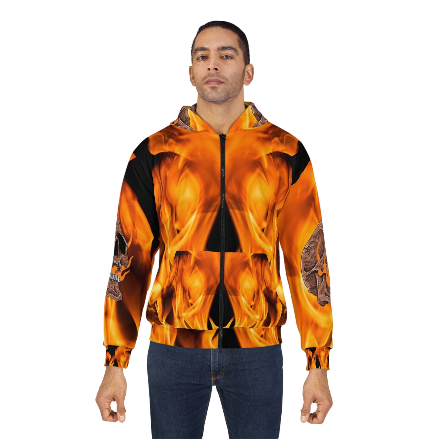 Unisex Zip Hoodie - Fiery Skull Design for Bold Style