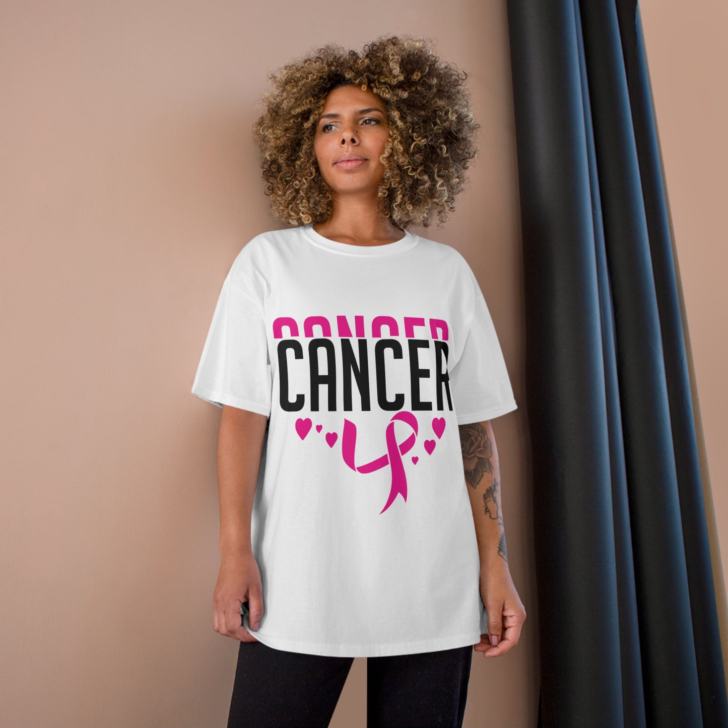 Champion T-Shirt - Cancer Awareness Support Tee with Pink Ribbon & Heart Design