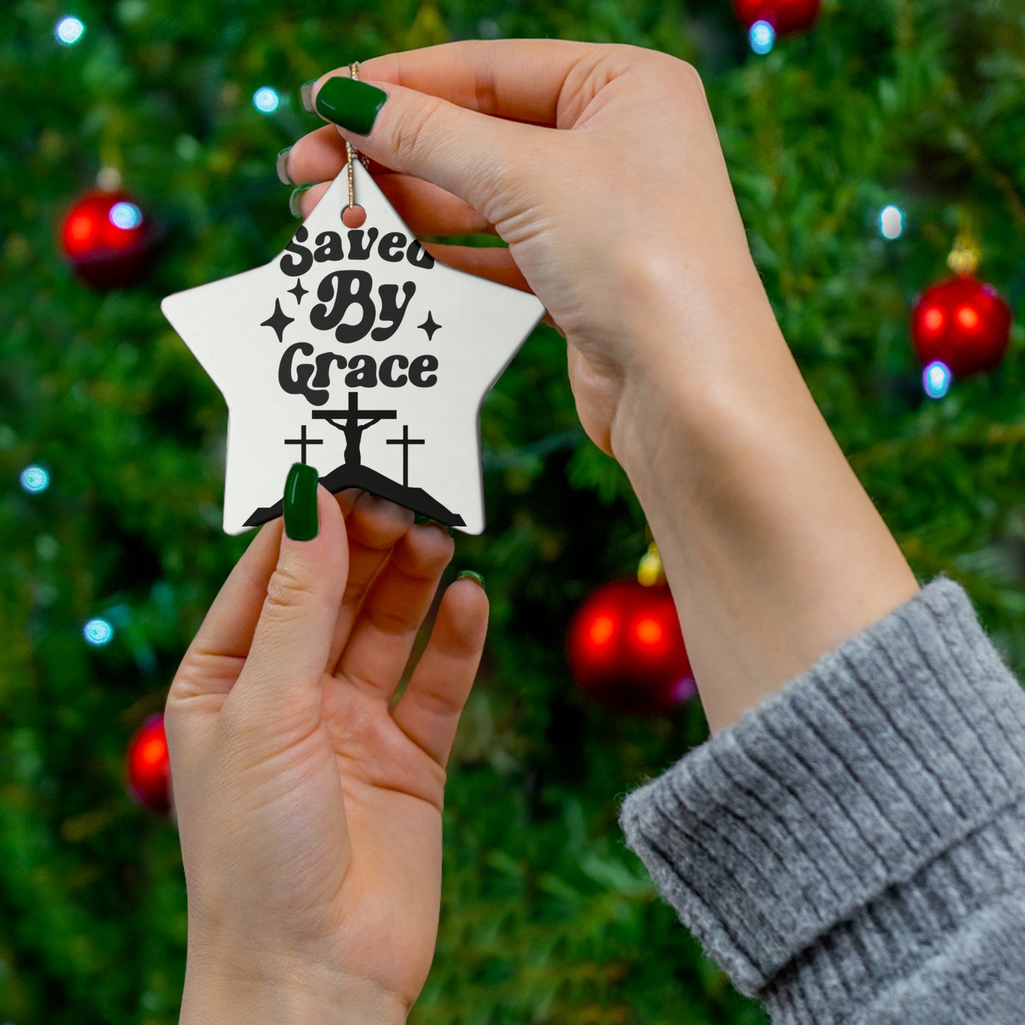 Saved By Grace Ceramic Ornament - Faith-Inspired Star Decor for Christmas & Celebrations