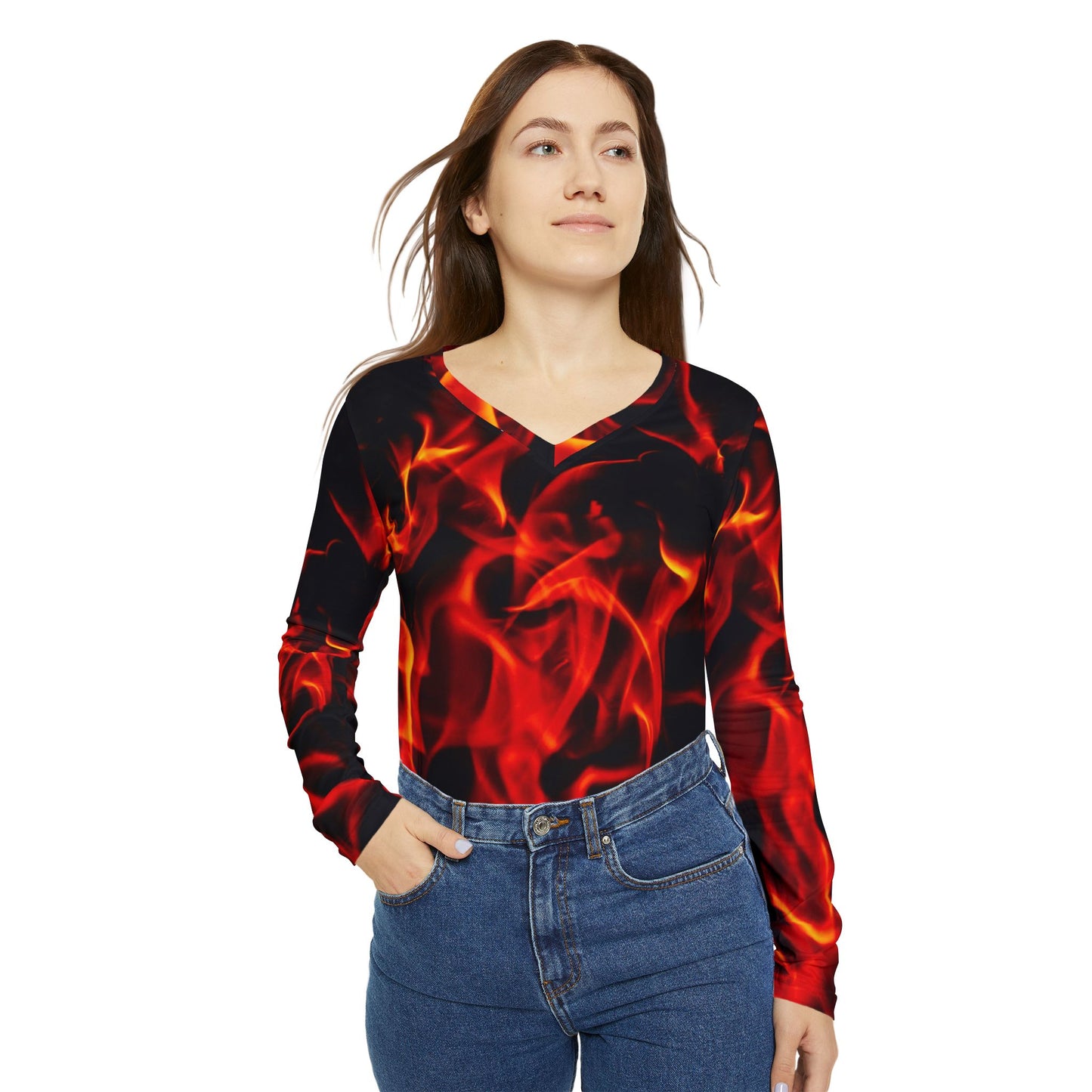 Fiery Women&#039;s Long Sleeve V-Neck Shirt - Bold and Stylish Top for Casual Wear