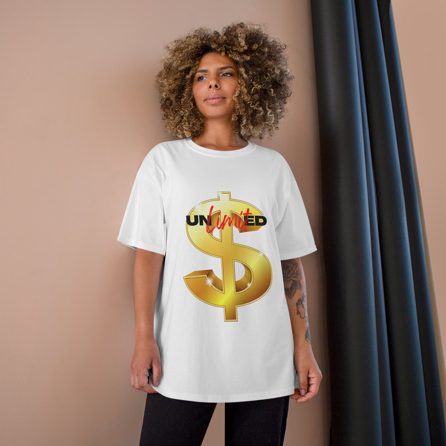 Unlimited Wealth Champion T-Shirt - Gold Dollar Sign Graphic