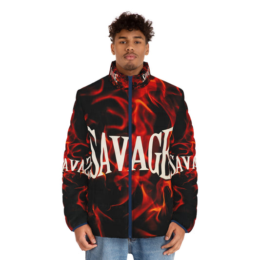 Men's Savage Savage Puffer Jacket - Bold Flame Design