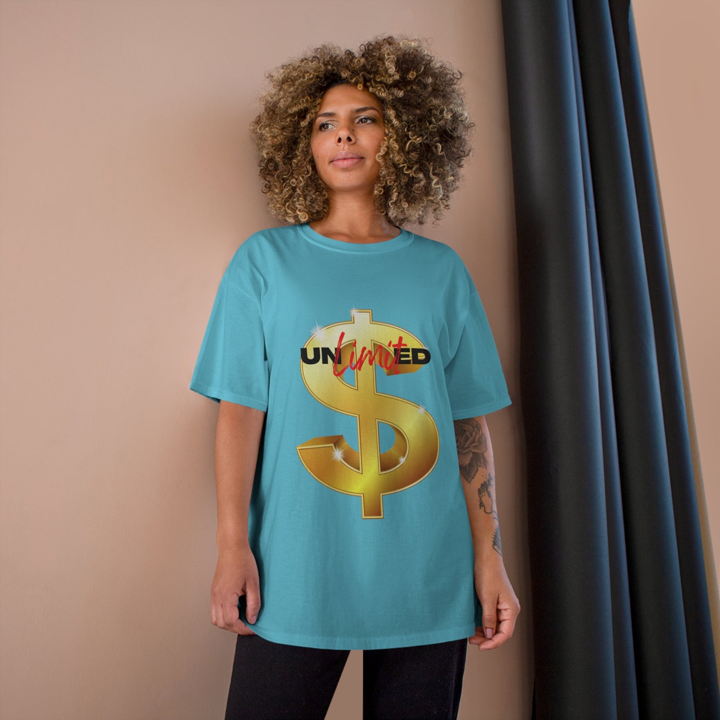 Unlimited Wealth Champion T-Shirt - Gold Dollar Sign Graphic