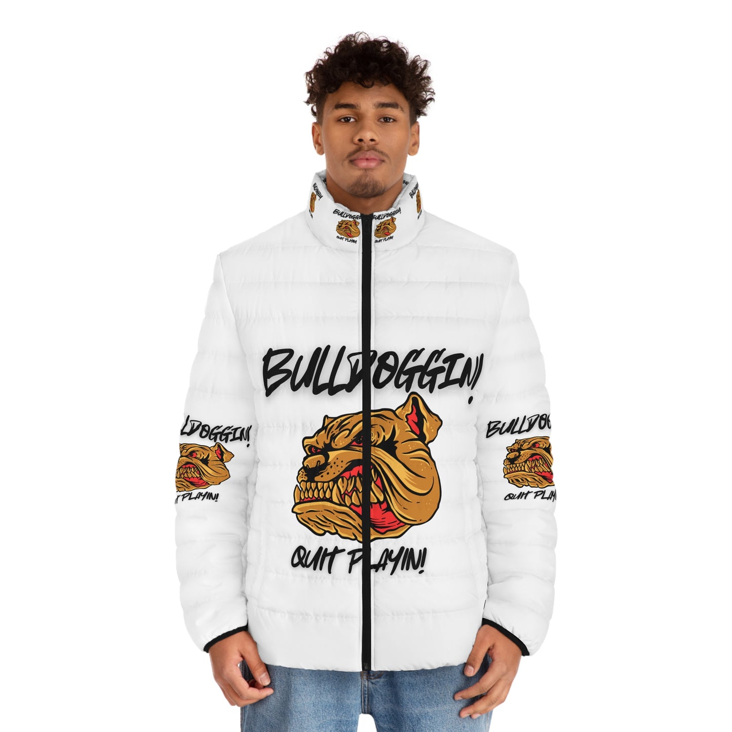 Men's Puffer Jacket - Bulldoggin' Graphic, Keep Warm & Stylish