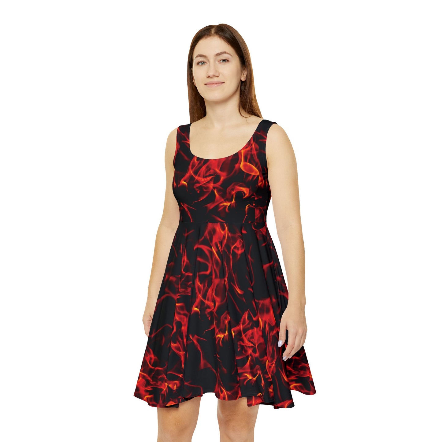 Women’s Fiery Skater Dress - Bold Flame Print for Summer Parties & Festivals