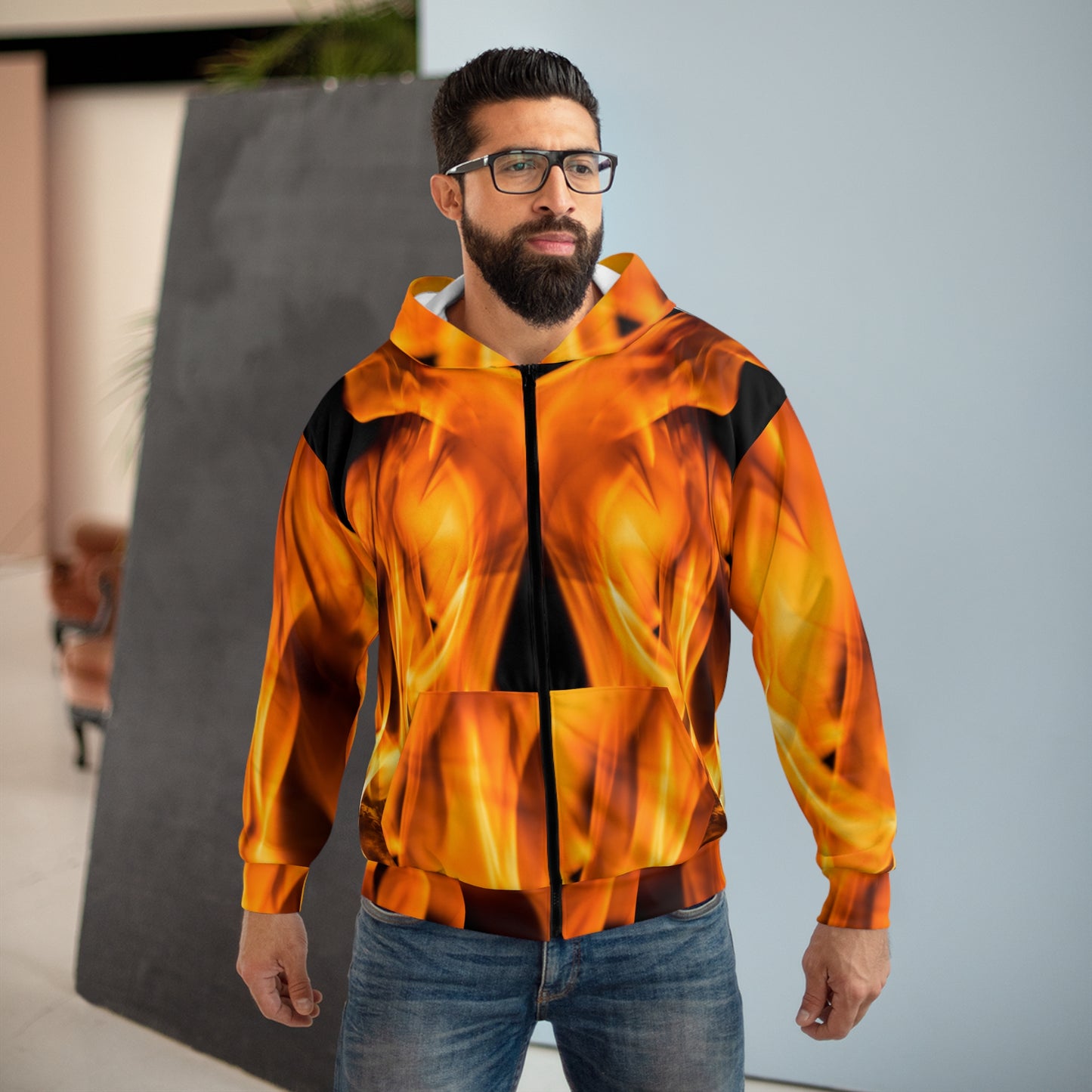 Unisex Zip Hoodie - Fiery Flame Design for Bold Style