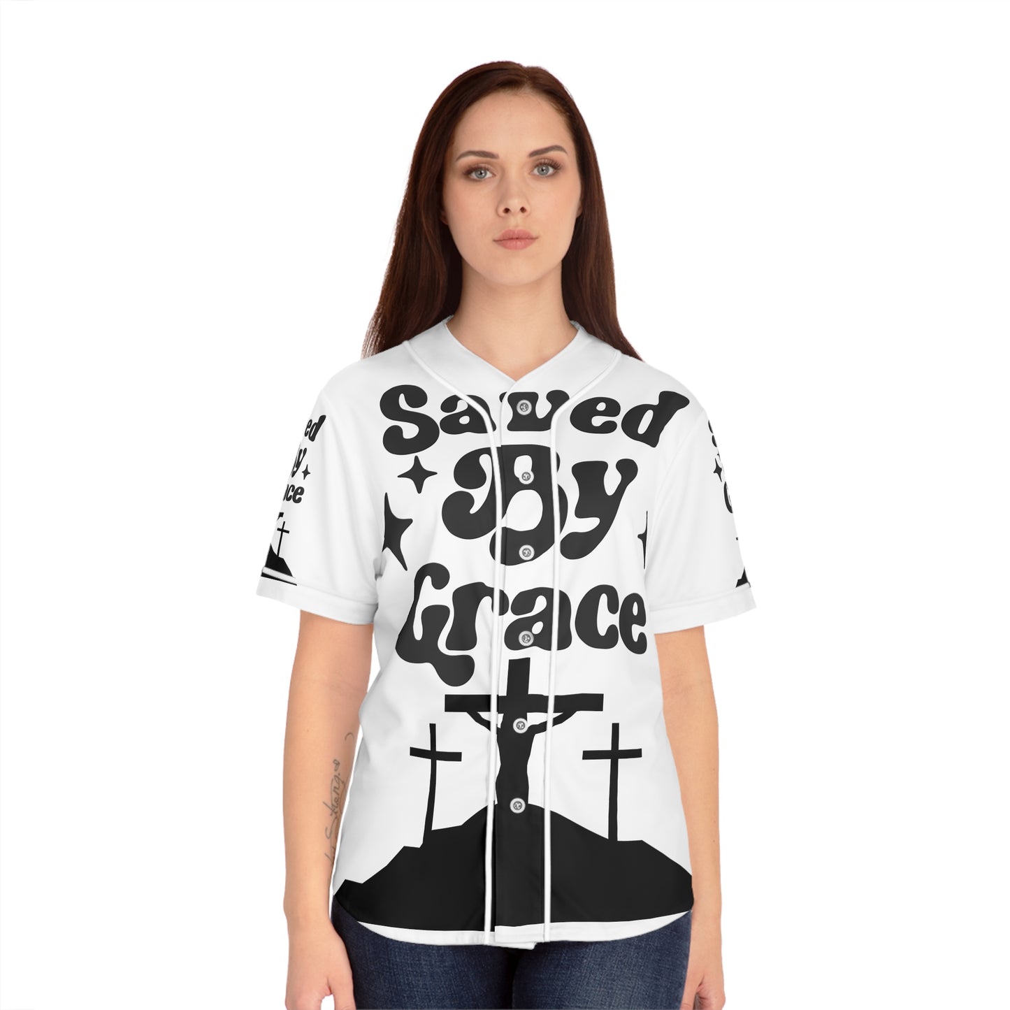 Saved By Grace Women's Baseball Jersey (AOP)