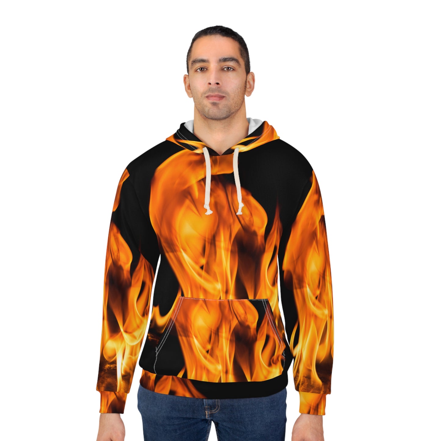 Bold Flame Print Unisex Pullover Hoodie - Perfect for Fire Enthusiasts and Casual Wear