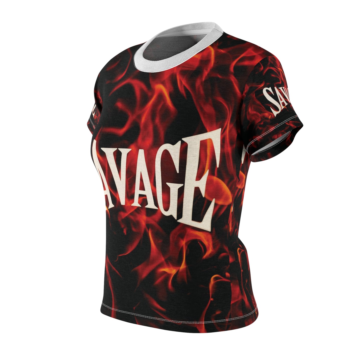 Savage Flame Women&#039;s Cut &amp; Sew Tee - Bold Flame Graphic Shirt for Fierce Fashion