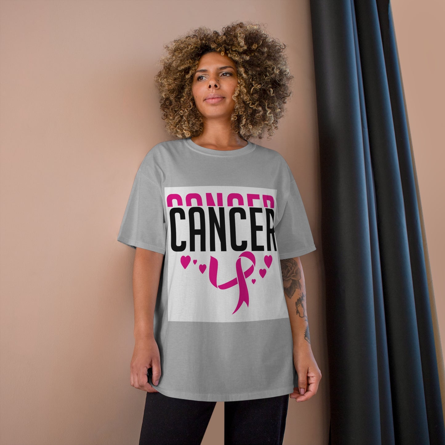 Champion T-Shirt - Cancer Awareness Support Tee with Pink Ribbon & Heart Design