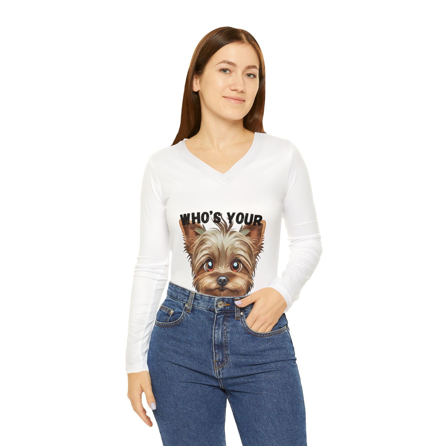 Women's Long Sleeve V-Neck Shirt - Cute Dog Valentine's Design