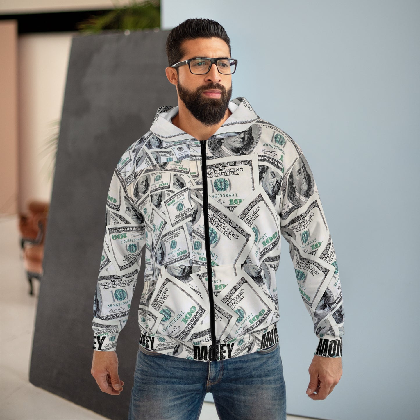 Money Stacks Collection Motivational Unisex Zip Hoodie - Perfect for Hustlers & Dreamers