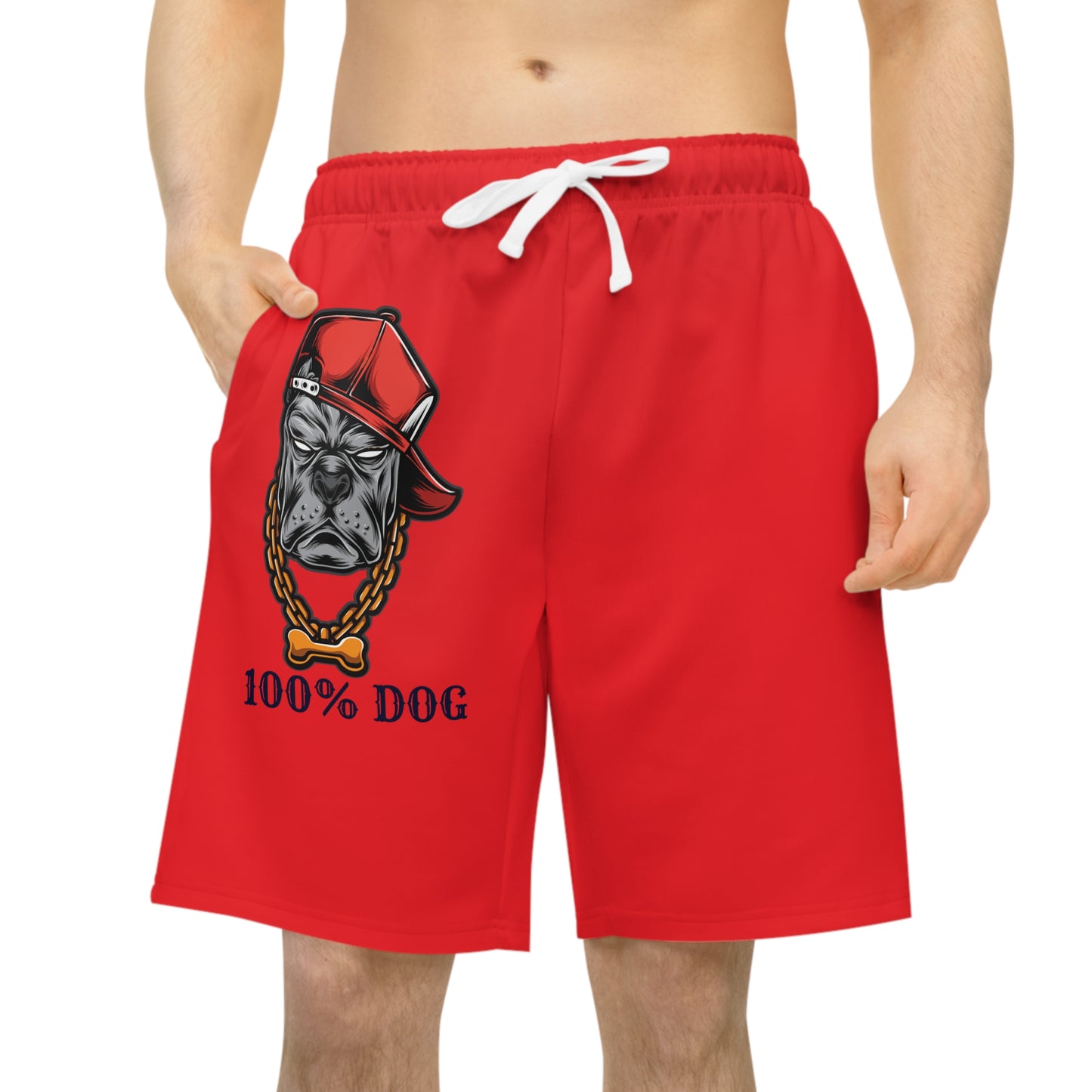 Red Athletic Long Shorts with '100% Dog' Design