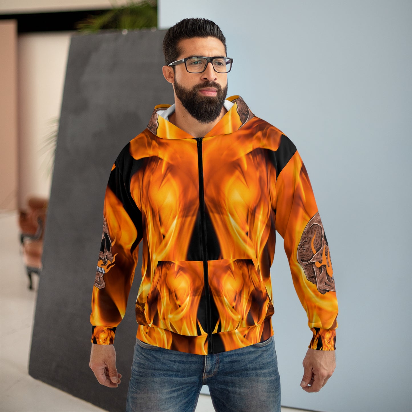 Unisex Zip Hoodie - Fiery Skull Design for Bold Style