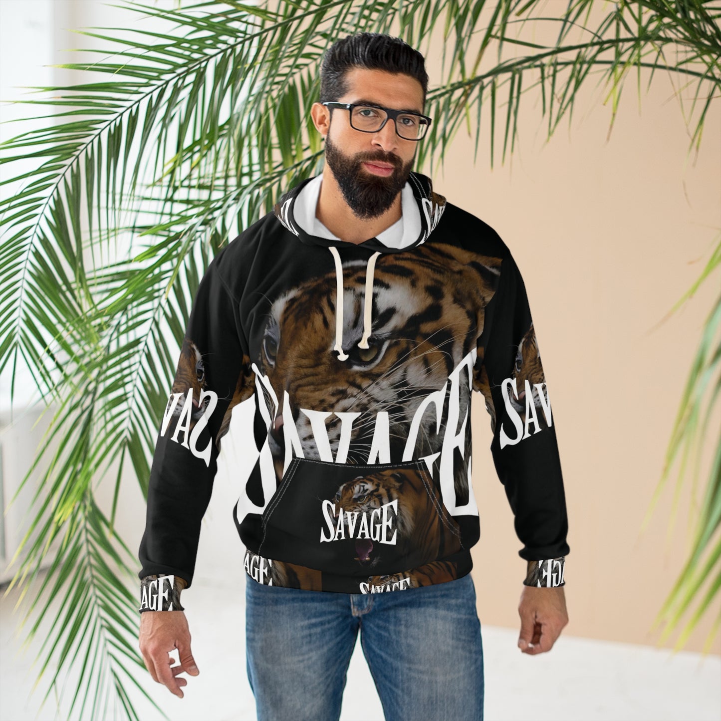 Savage Tiger Unisex Pullover Hoodie - Bold Graphic Hoodie for Streetwear Style