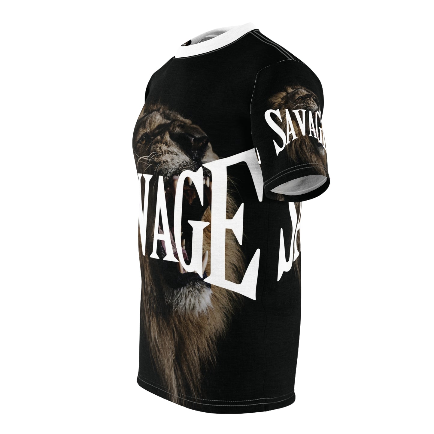 Savage Lion All White Collar Unisex Cut & Sew Tee - Bold Graphic T-Shirt for Fierce Fashion Enthusiasts