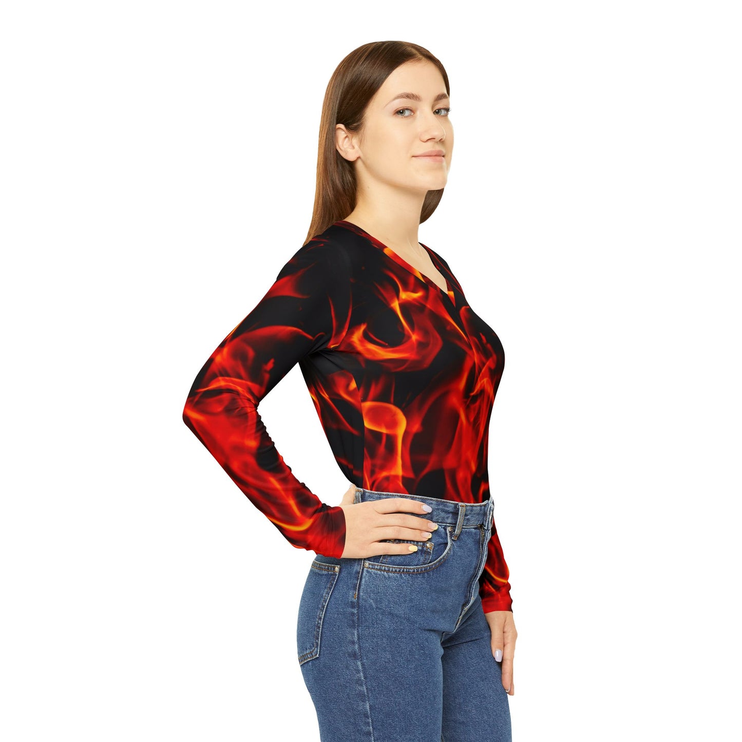 Fiery Women&#039;s Long Sleeve V-Neck Shirt - Bold and Stylish Top for Casual Wear