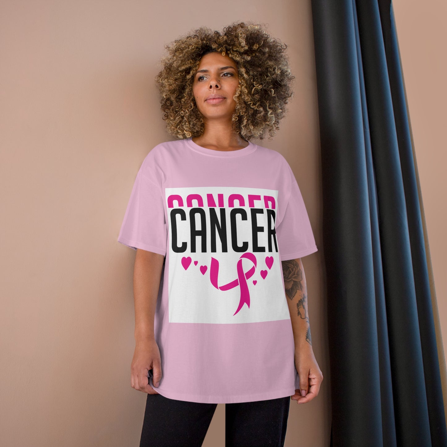 Champion T-Shirt - Cancer Awareness Support Tee with Pink Ribbon & Heart Design