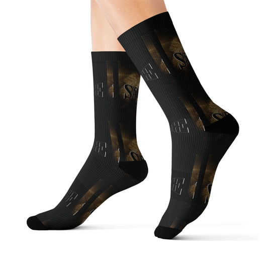 Savage Style Sublimation Socks - Stylish Black & Gold Design for Fashion Enthusiasts